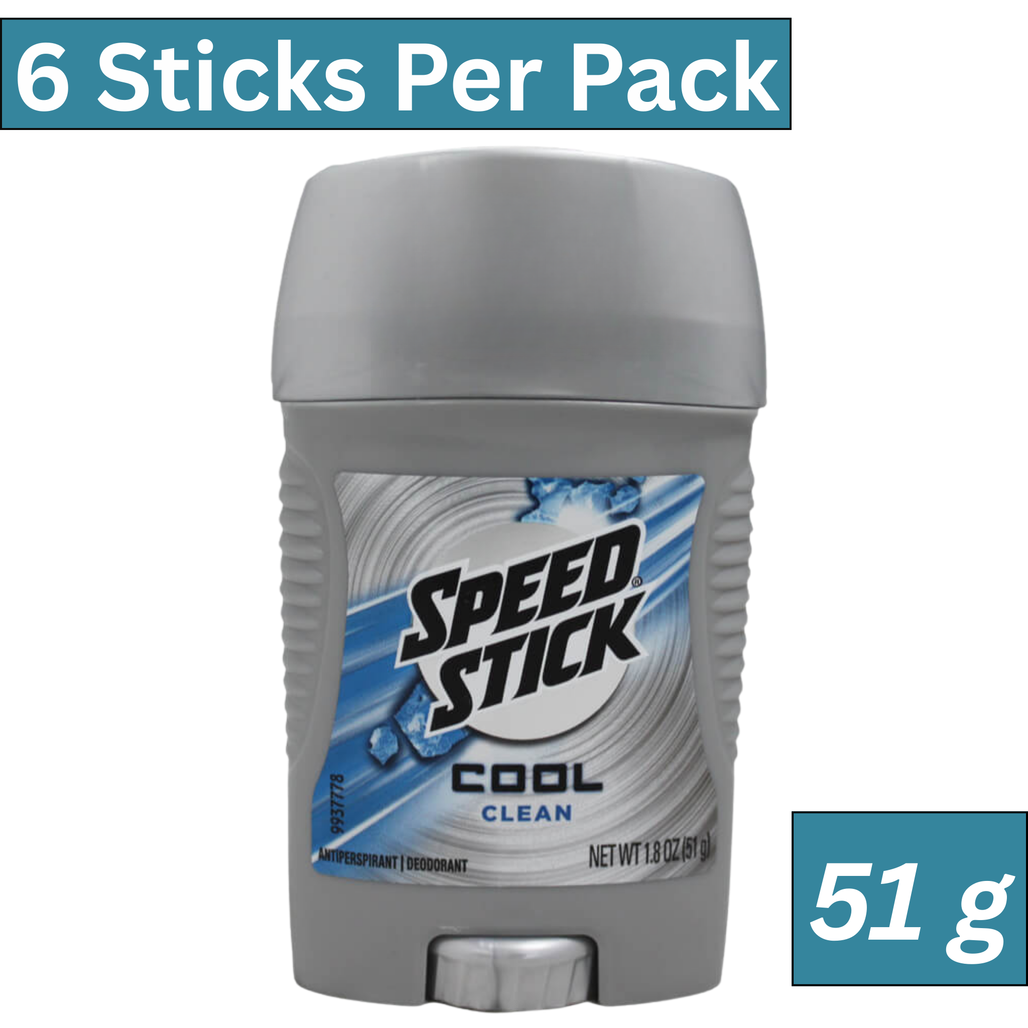 Speed Stick Cool Clean Antiperspirant Deodorant for Men – 51g Stick (Pack of 6), providing 24-hour odor and sweat protection with a refreshing clean scent – bulk wholesale pack.