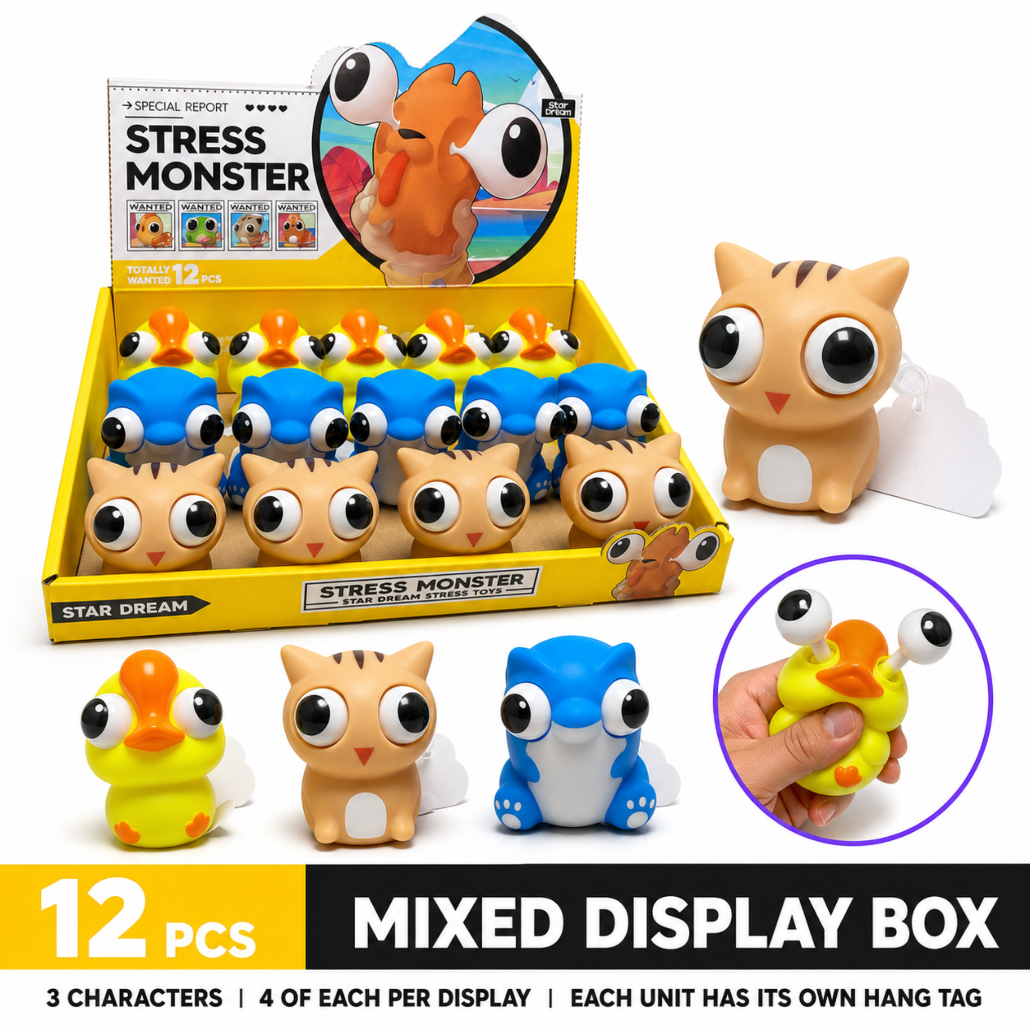 Star Dream Pop Out Eyes Squeeze Toy, Assorted Duck Cat and Monster, 12 Piece Display Box
