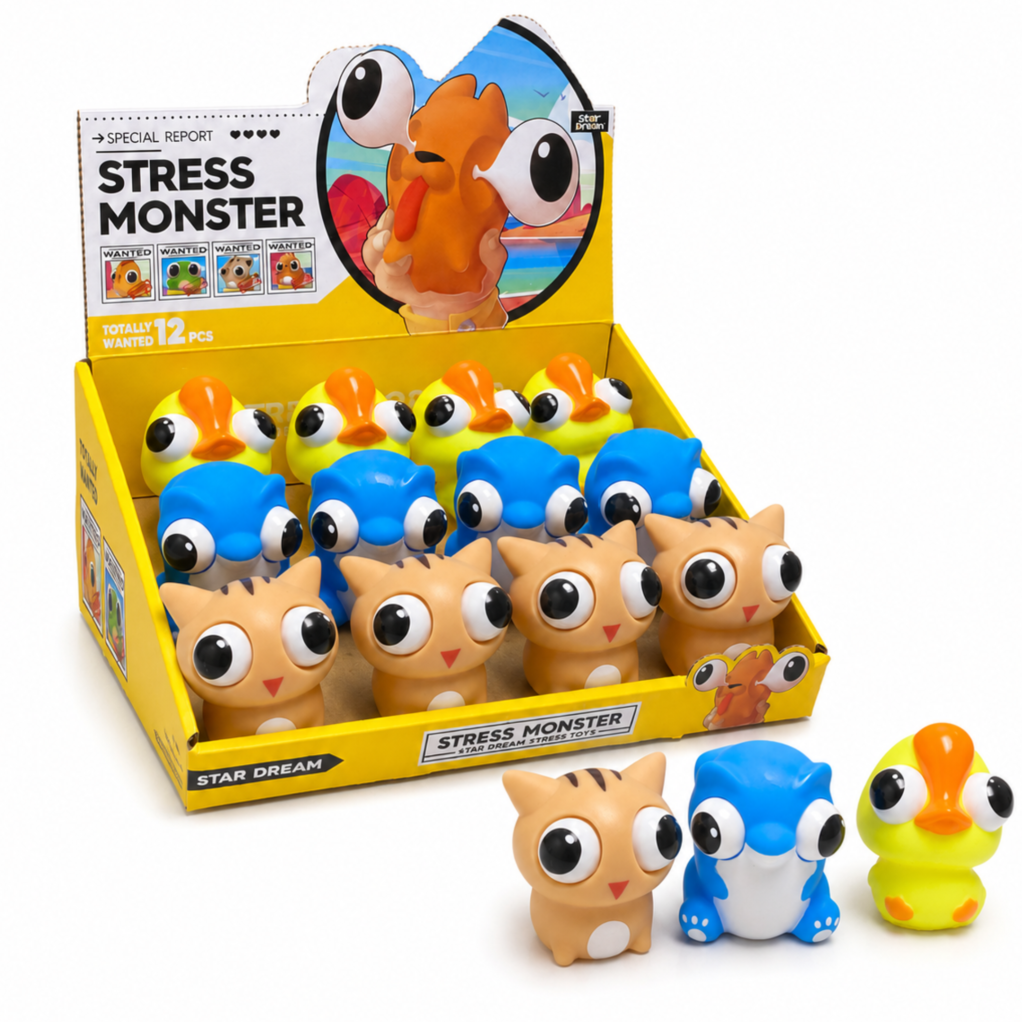 Star Dream Pop Out Eyes Squeeze Toy, Assorted Duck Cat and Monster, 12 Piece Display Box