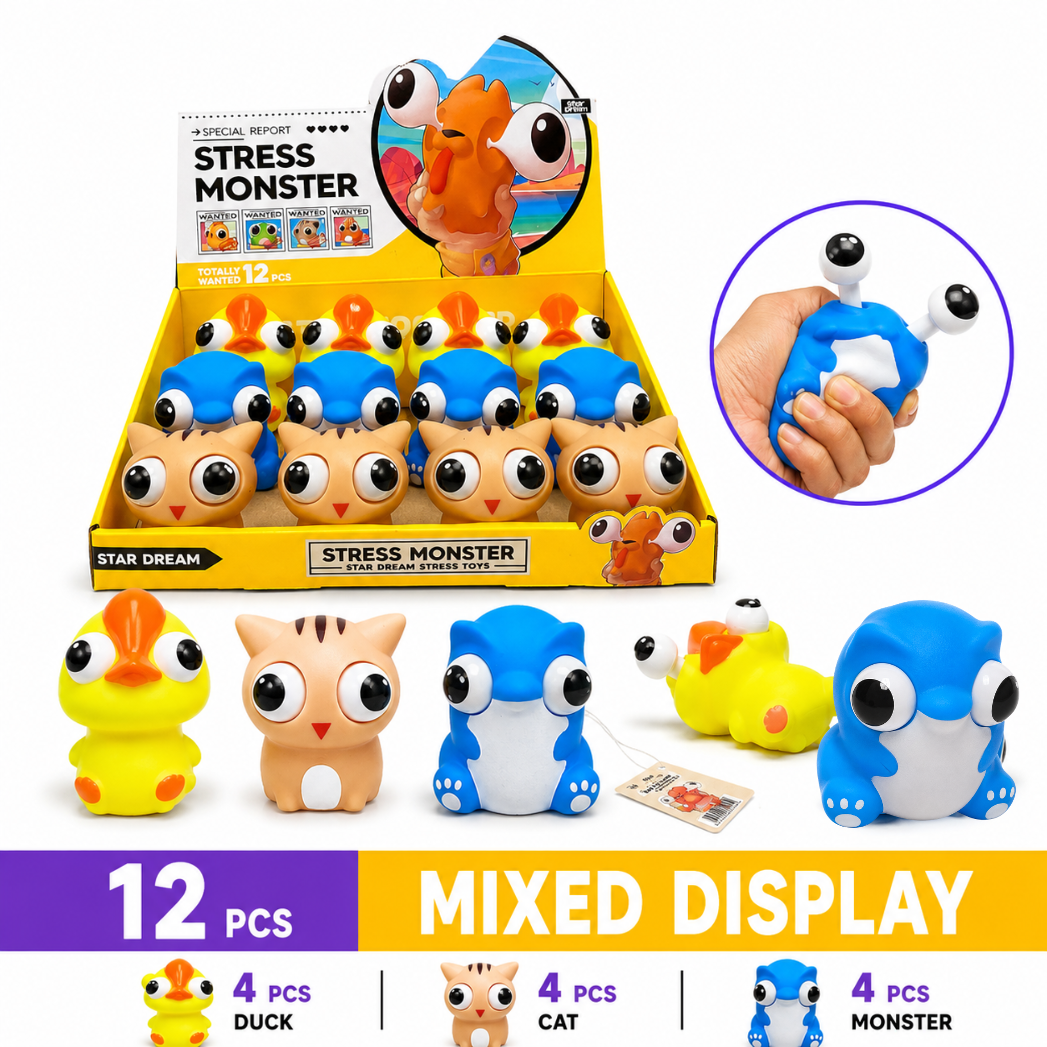 Star Dream Pop Out Eyes Squeeze Toy, Assorted Duck Cat and Monster, 12 Piece Display Box