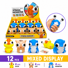 Star Dream Pop Out Eyes Squeeze Toy, Assorted Duck Cat and Monster, 12 Piece Display Box