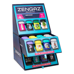 ZENGAZ display box with colorful lighters inside on a white background