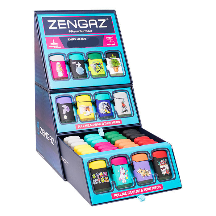 Zengaz display box with colorful lighters inside on a white background
