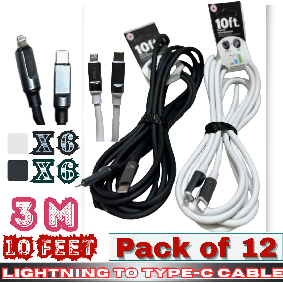 ThunderBay Lightning to Type-C Fast Charging & Sync Cable – 10 Ft / 3 M – Tangle-Free – Pack of 12 – E-10F90167