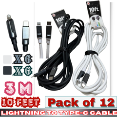 ThunderBay Lightning to Type-C Fast Charging & Sync Cable – 10 Ft / 3 M – Tangle-Free – Pack of 12 – E-10F90167
