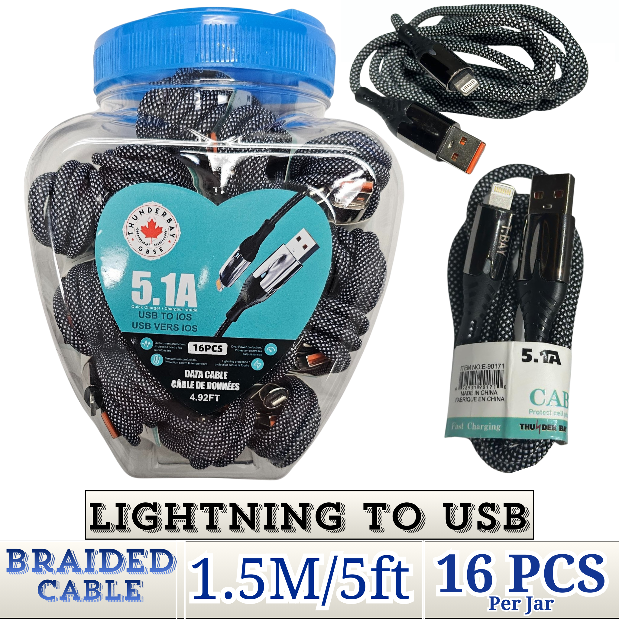THUNDER BAY Lightning to USB 1.5m braided fast charging cable wholesale 16-pack
