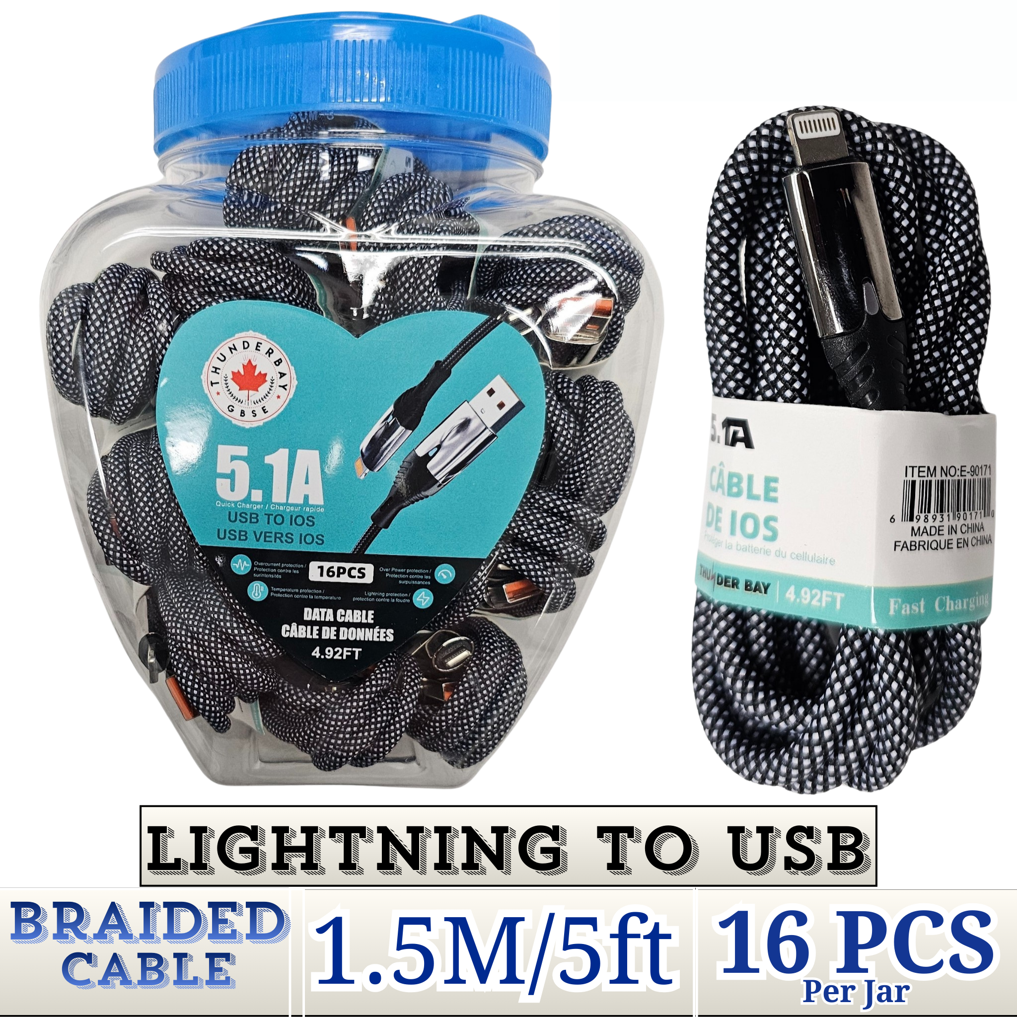 THUNDER BAY Lightning to USB 1.5m braided fast charging cable wholesale 16-pack