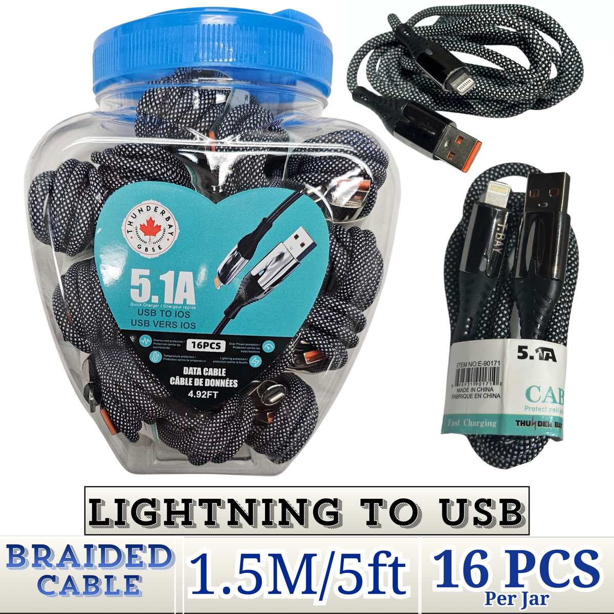 THUNDER BAY Lightning to USB 1.5m braided fast charging cable wholesale 16-pack