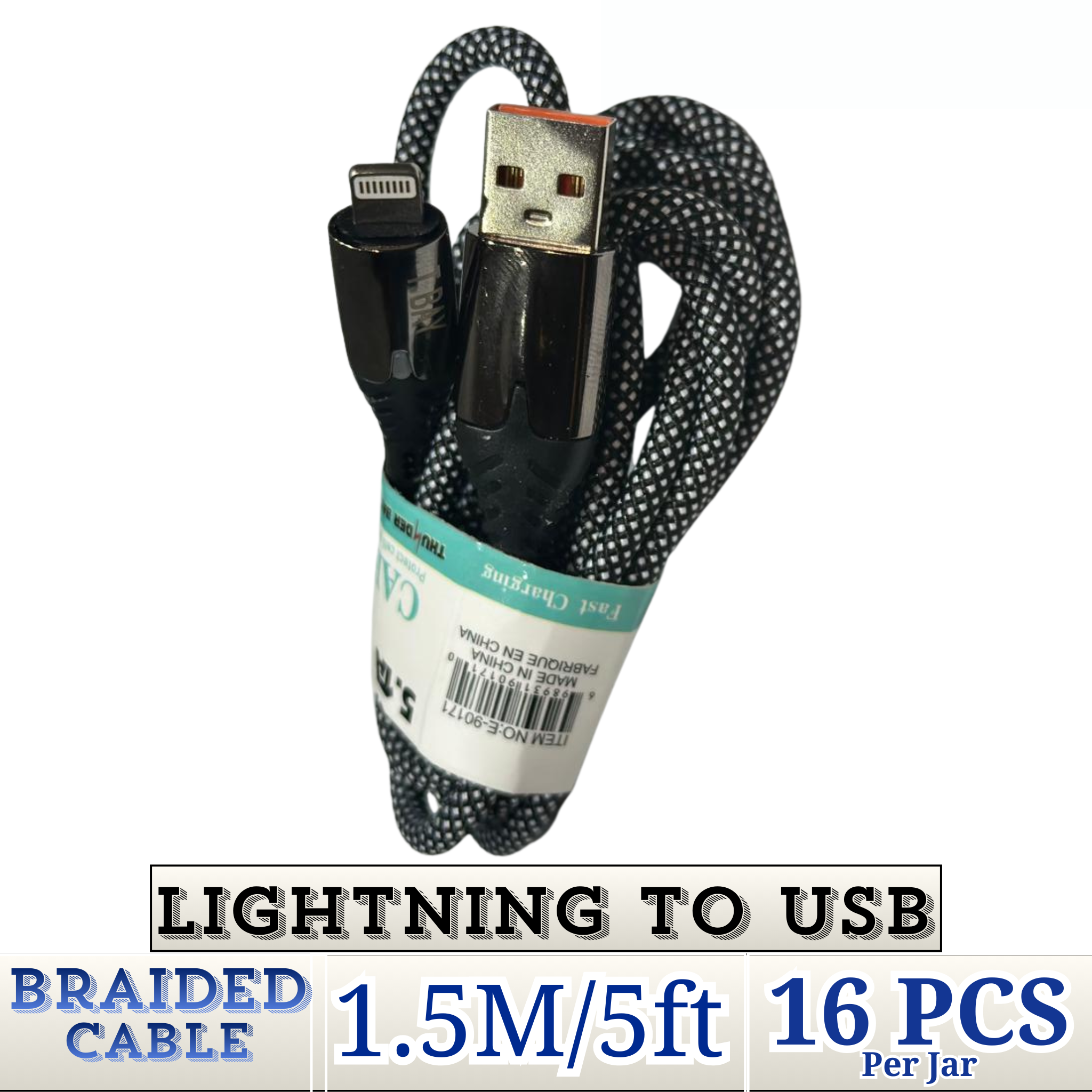 THUNDER BAY Lightning to USB 1.5m braided fast charging cable wholesale 16-pack