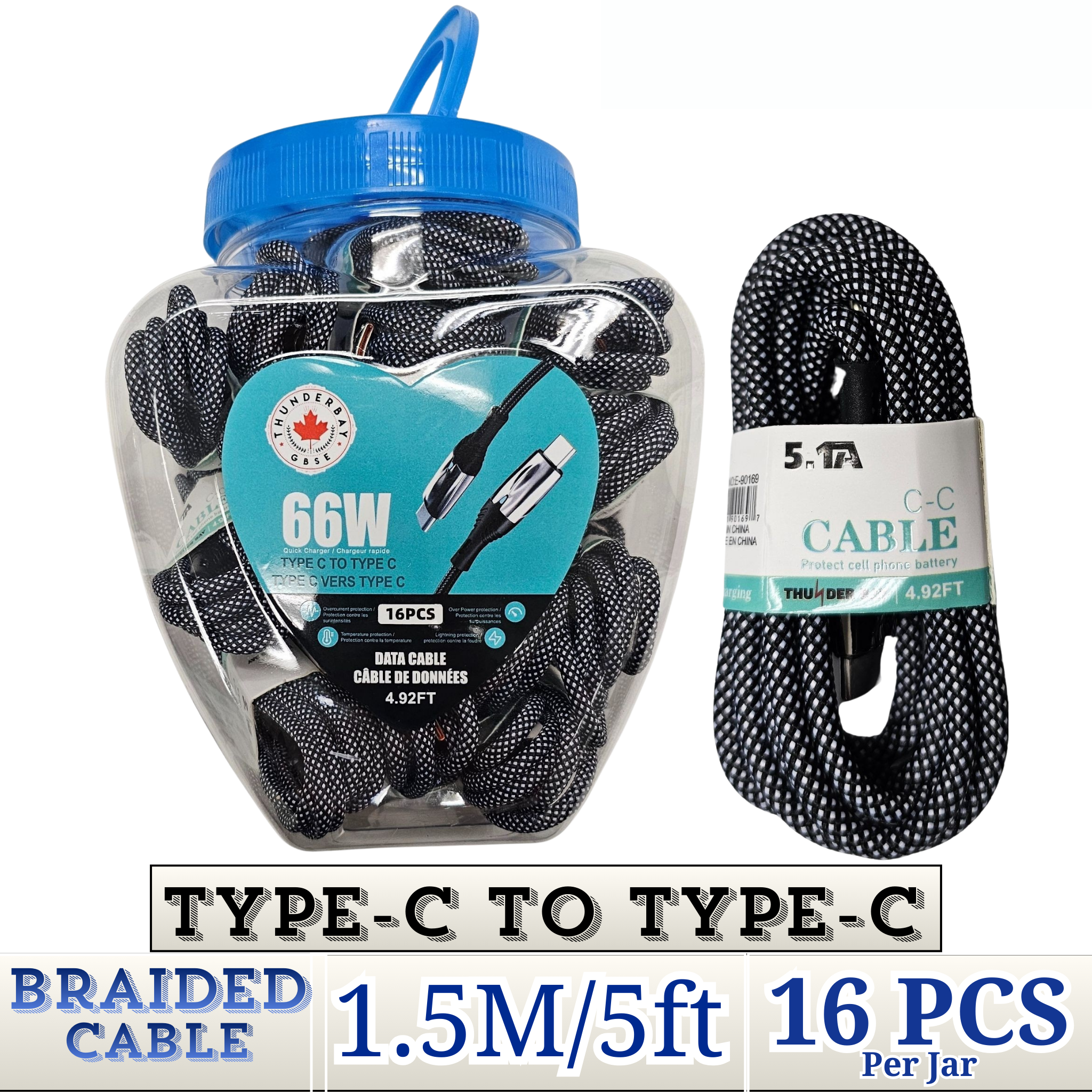 THUNDER BAY Type-C to Type-C Braided Fast Charging Cable 1.5m – Heavy Duty 5A USB-C Cable Wholesale