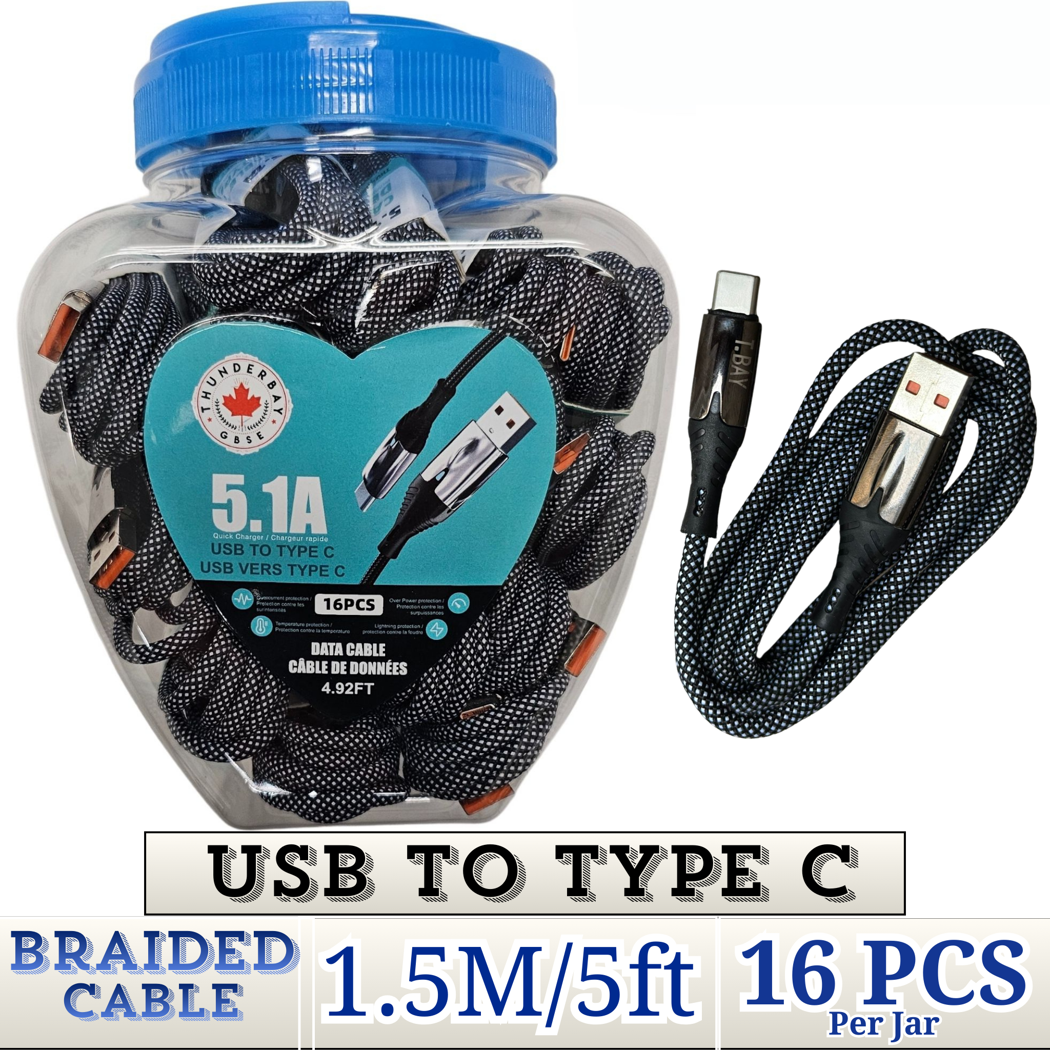 Thunder Bay 5.1A USB to Type-C Braided Fast Charging Cable – 1.5m (5ft) – Item No. E-90170 – Heavy-Duty Quick Charge Data Cable – Wholesale 16-Pack