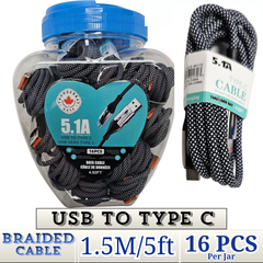 Thunder Bay 5.1A USB to Type-C Braided Fast Charging Cable – 1.5m (5ft) – Item No. E-90170 – Heavy-Duty Quick Charge Data Cable – Wholesale 16-Pack