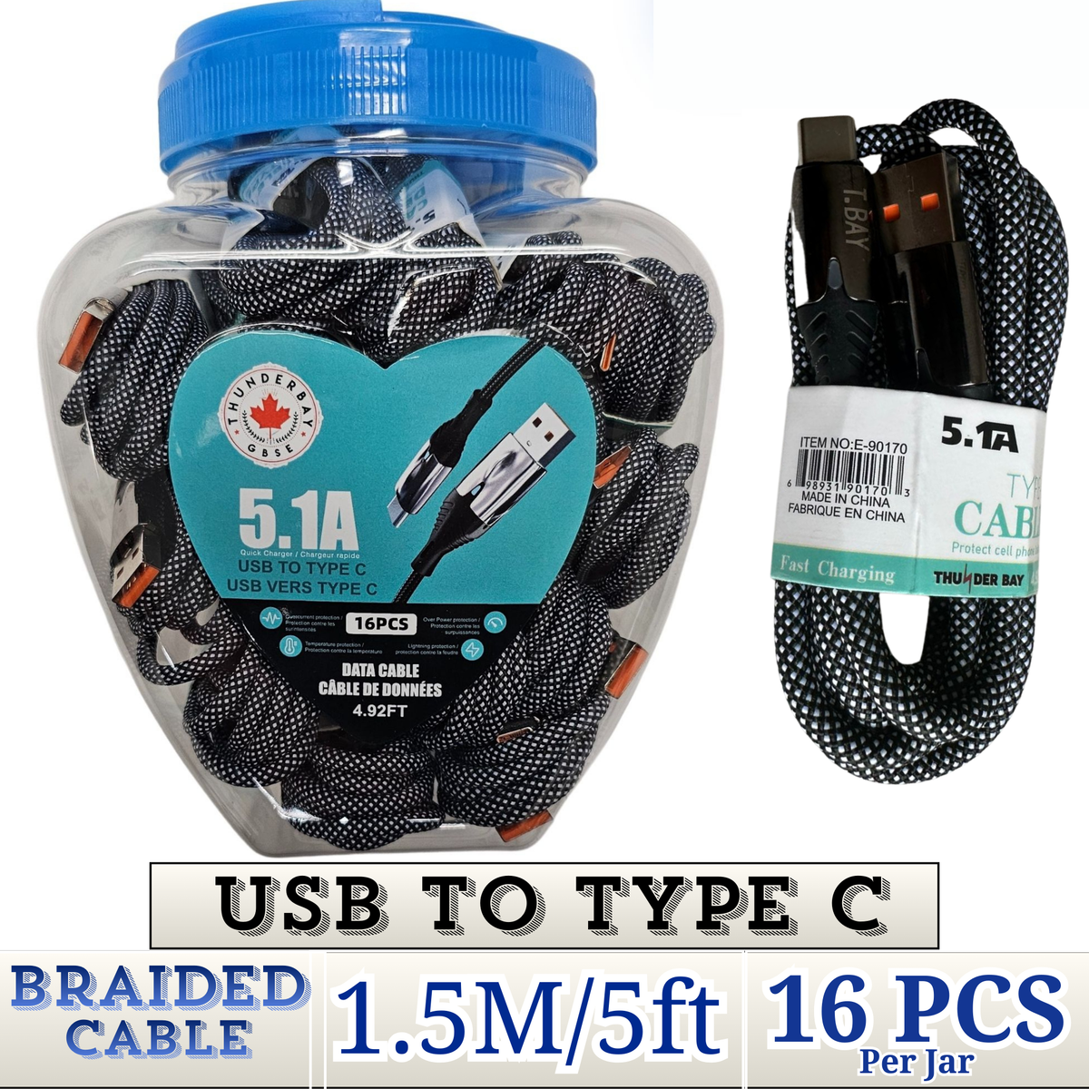 Thunder Bay 5.1A USB to Type-C Braided Fast Charging Cable – 1.5m (5ft) – Item No. E-90170 – Heavy-Duty Quick Charge Data Cable – Wholesale 16-Pack