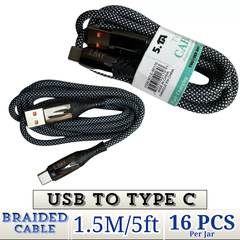 Thunder Bay 5.1A USB to Type-C Braided Fast Charging Cable – 1.5m (5ft) – Item No. E-90170 – Heavy-Duty Quick Charge Data Cable – Wholesale 16-Pack