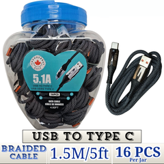Thunder Bay 5.1A USB to Type-C Braided Fast Charging Cable – 1.5m (5ft) – Item No. E-90170 – Heavy-Duty Quick Charge Data Cable – Wholesale 16-Pack