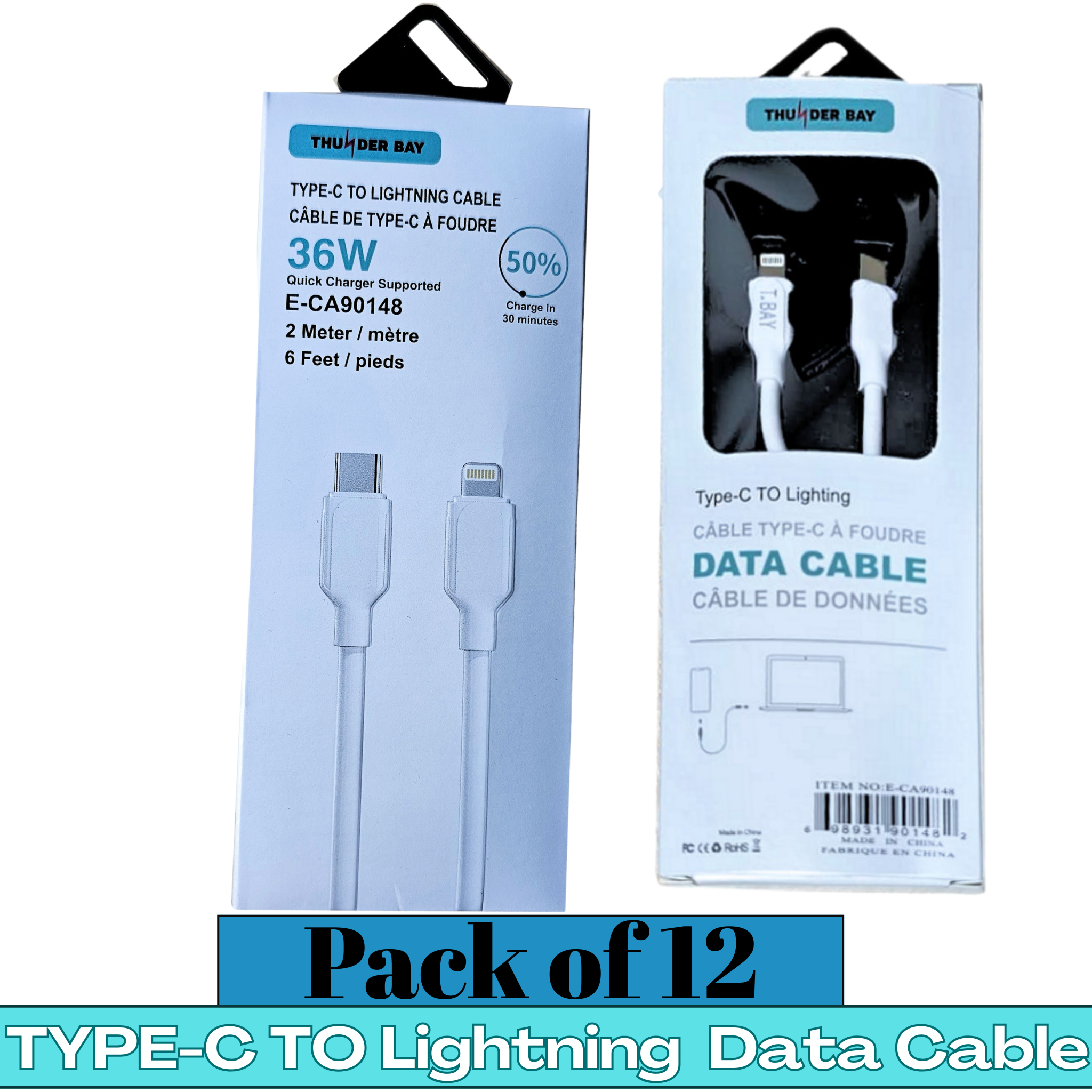 THUNDER BAY Item No. E-CA90148 Type-C to Lightning Fast Charging Data Cable (12 Packs)