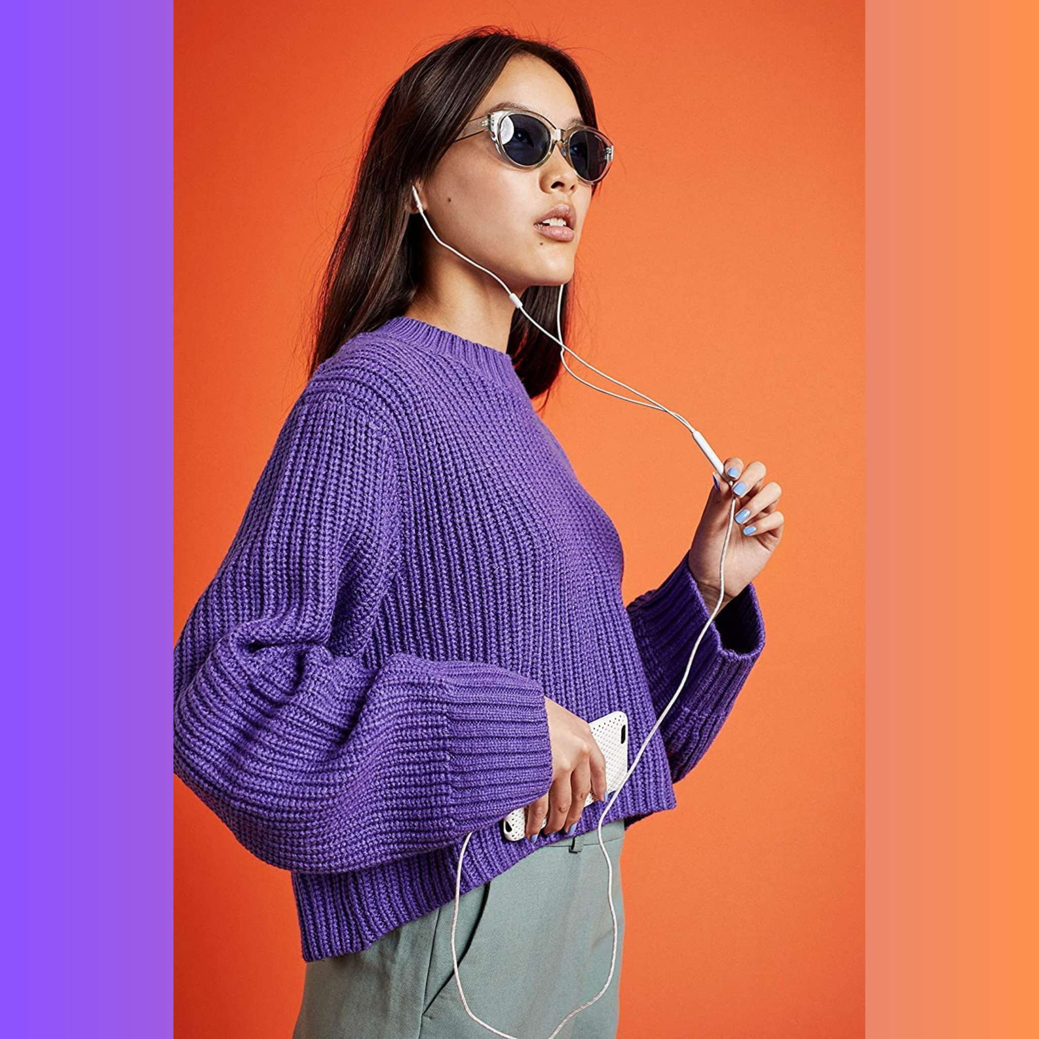 Woman wearing a purple sweater and sunglasses, holding earphones against an orange and purple gradient background