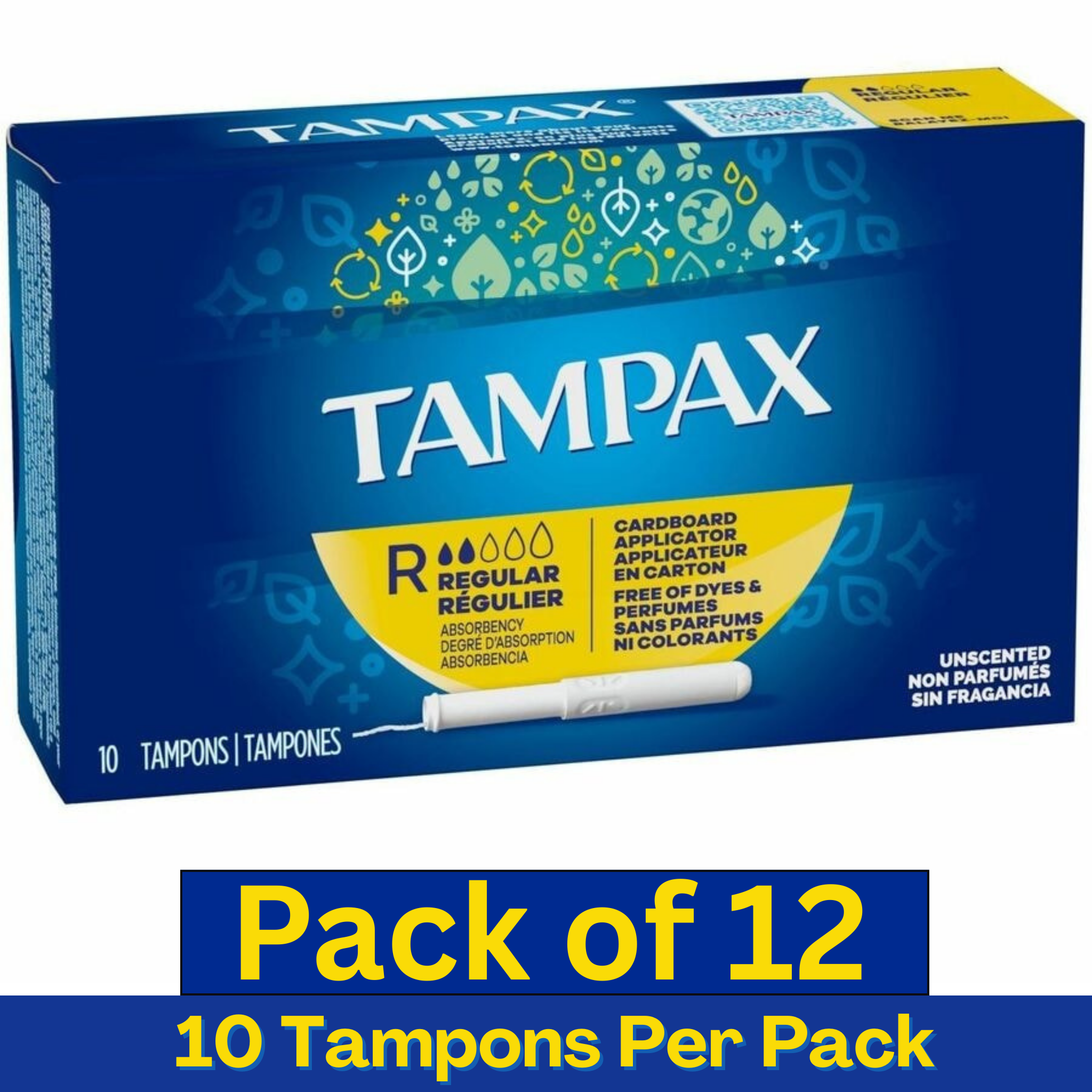 Tampax Cardboard Applicator Regular Tampons Unscented – 10 Count Box Pack of 12