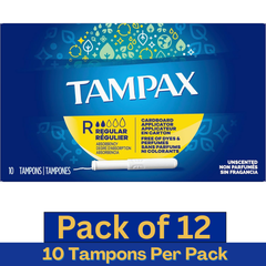 Tampax Cardboard Applicator Regular Tampons Unscented – 10 Count Box Pack of 12