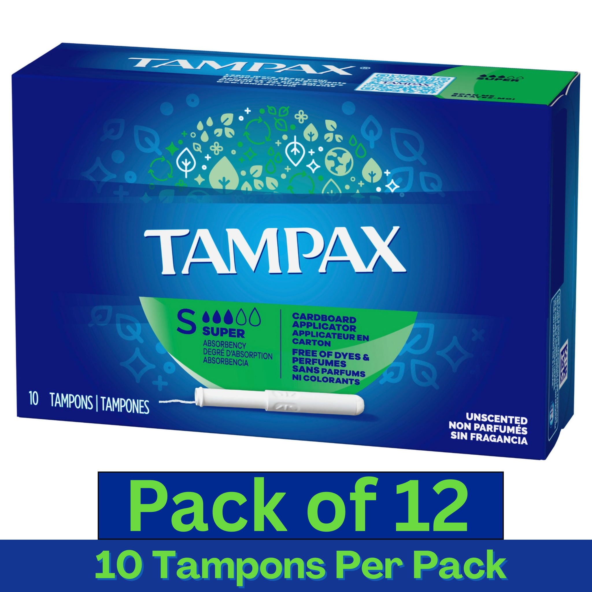 Tampax Cardboard Applicator Super Tampons Unscented – 10 Count Pack of 12 – Wholesale Feminine Hygiene