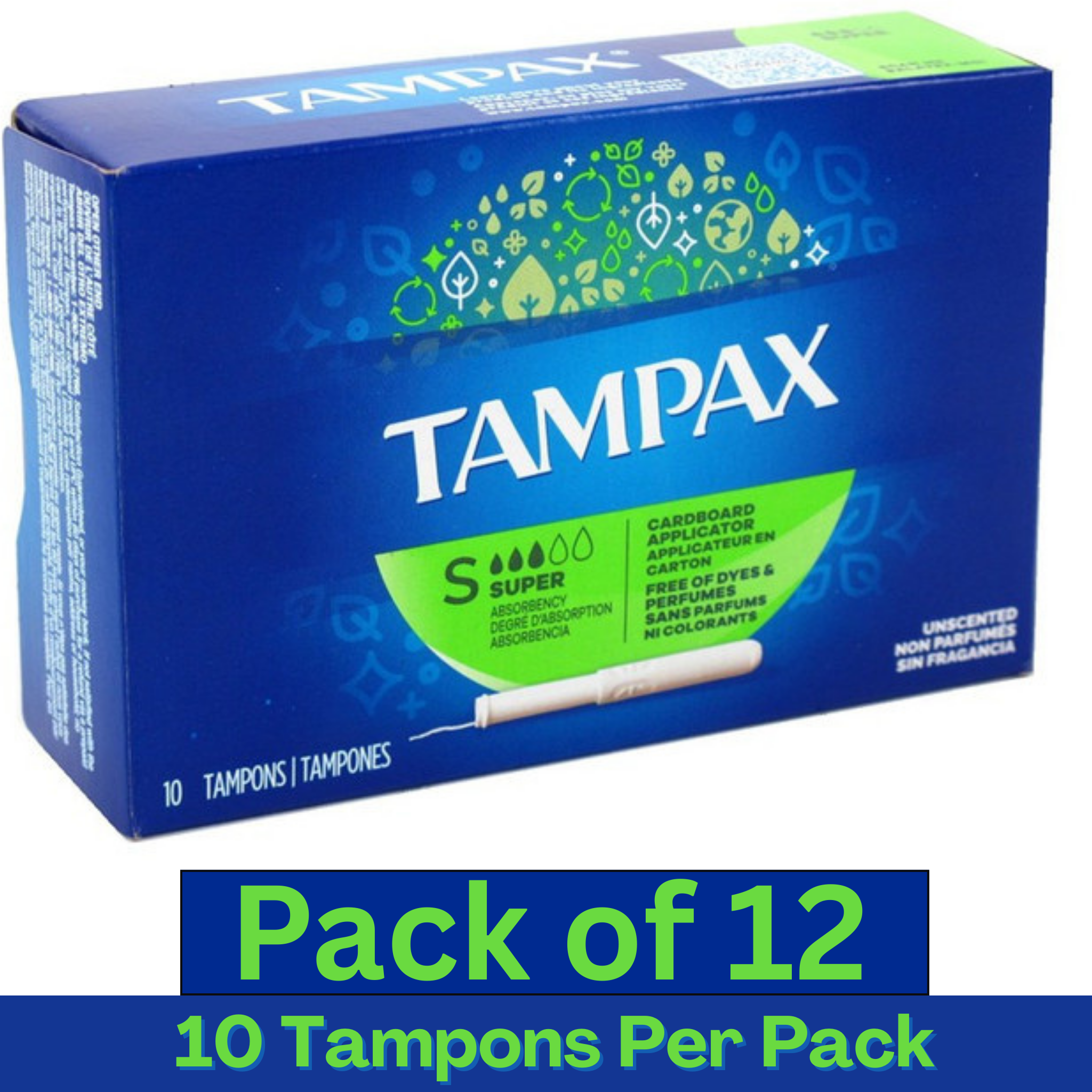 Tampax Cardboard Applicator Super Tampons Unscented – 10 Count Pack of 12 – Wholesale Feminine Hygiene