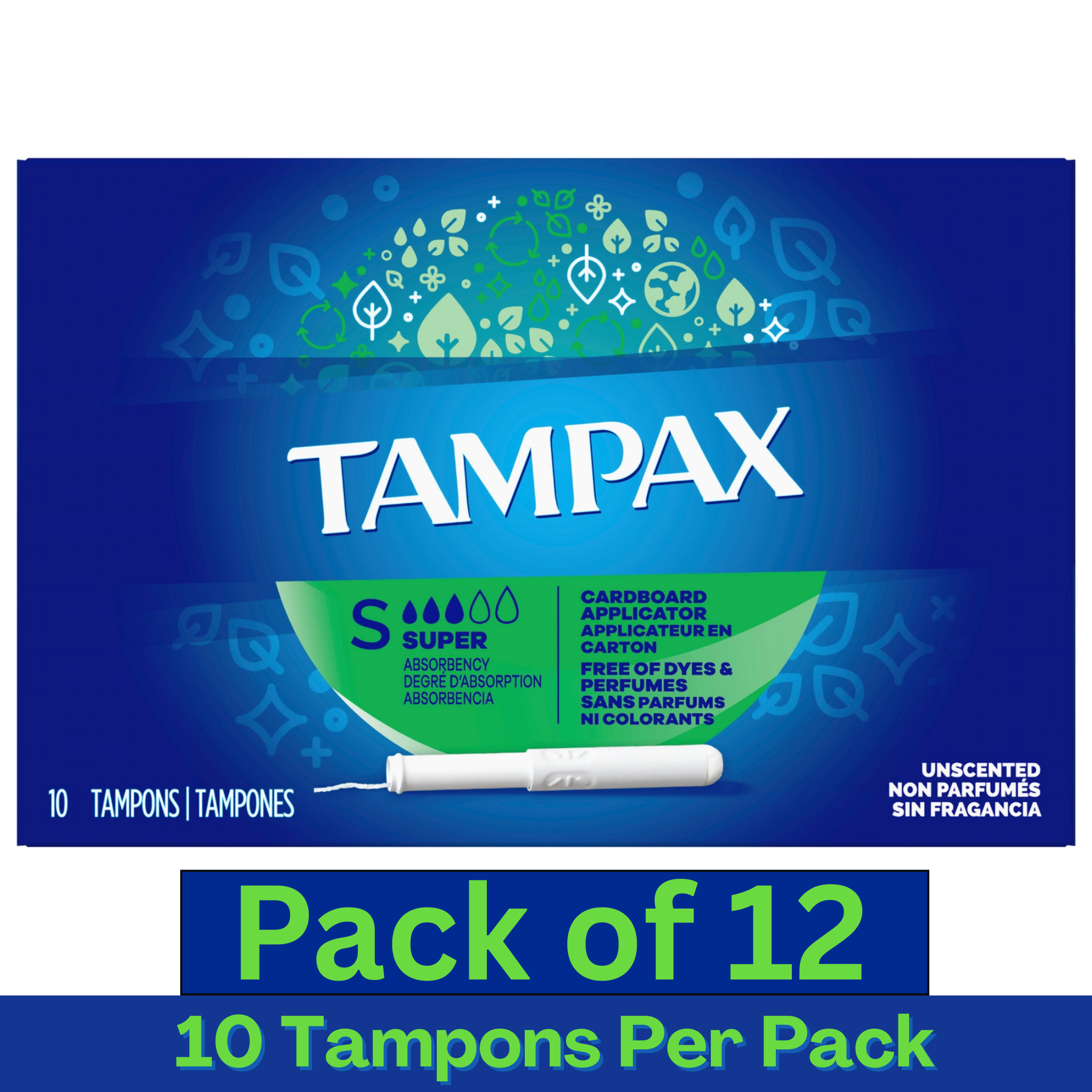 Tampax Cardboard Applicator Super Tampons Unscented – 10 Count Pack of 12 – Wholesale Feminine Hygiene