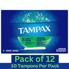 Tampax Cardboard Applicator Super Tampons Unscented – 10 Count Pack of 12 – Wholesale Feminine Hygiene