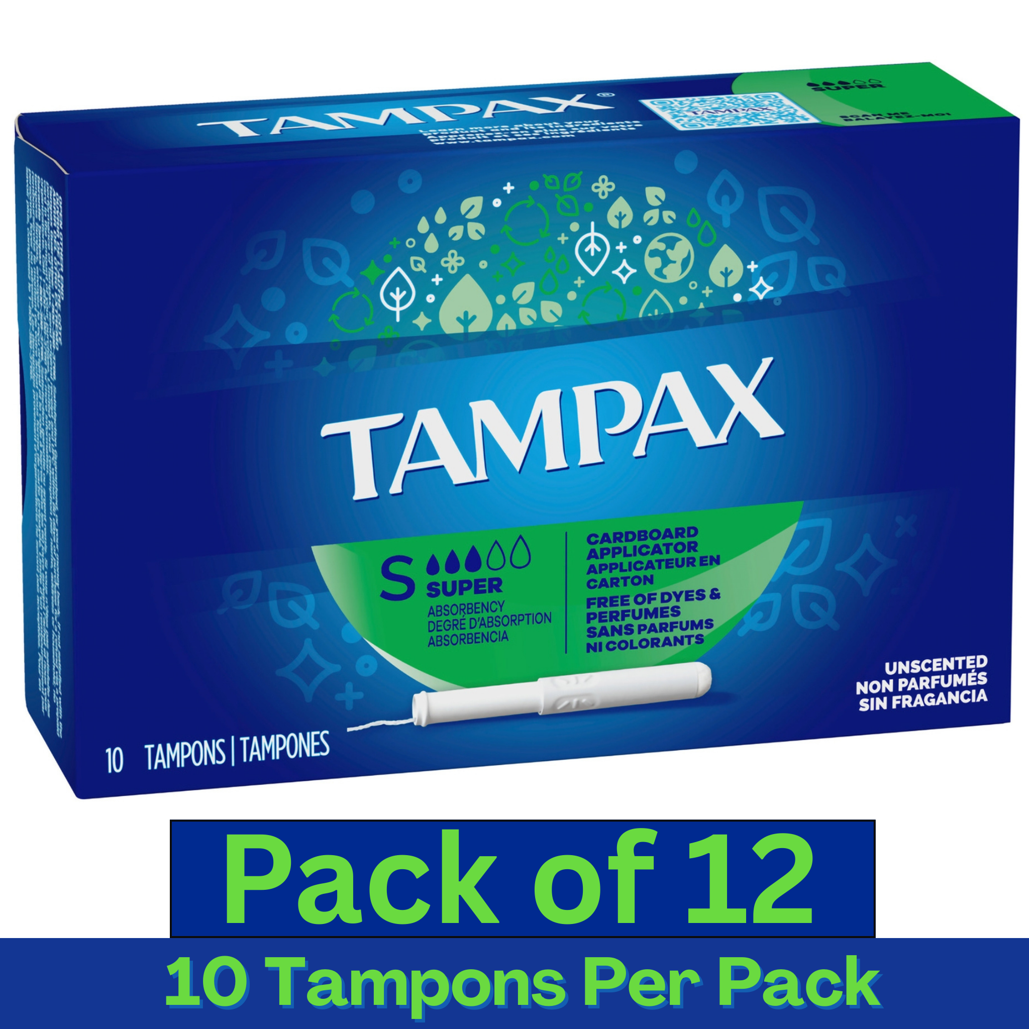 Tampax Cardboard Applicator Super Tampons Unscented – 10 Count Pack of 12 – Wholesale Feminine Hygiene