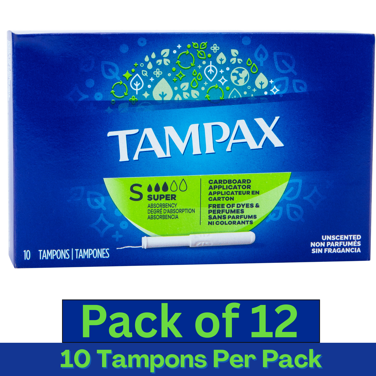 Tampax Cardboard Applicator Super Tampons Unscented – 10 Count Pack of 12 – Wholesale Feminine Hygiene