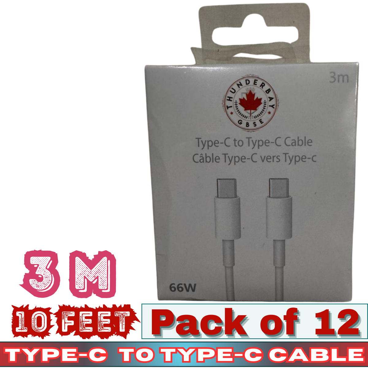 Thunder Bay 66W Type-C to Type-C Fast Charging Cable – 10ft / 3M – Pack of 12