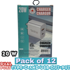 Thunder Bay 20W Dual Port USB Wall Charger – USB-C + USB-A PD Fast Charging – 3.1A – Pack of 12