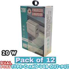 Thunder Bay 20W Dual Port USB Wall Charger – USB-C + USB-A PD Fast Charging – 3.1A – Pack of 12