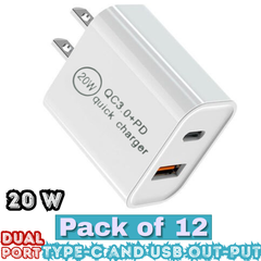 Thunder Bay 20W Dual Port USB Wall Charger – USB-C + USB-A PD Fast Charging – 3.1A – Pack of 12