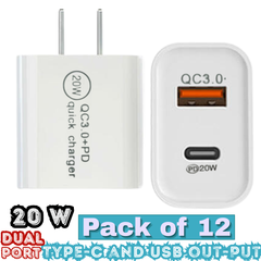 Thunder Bay 20W Dual Port USB Wall Charger – USB-C + USB-A PD Fast Charging – 3.1A – Pack of 12