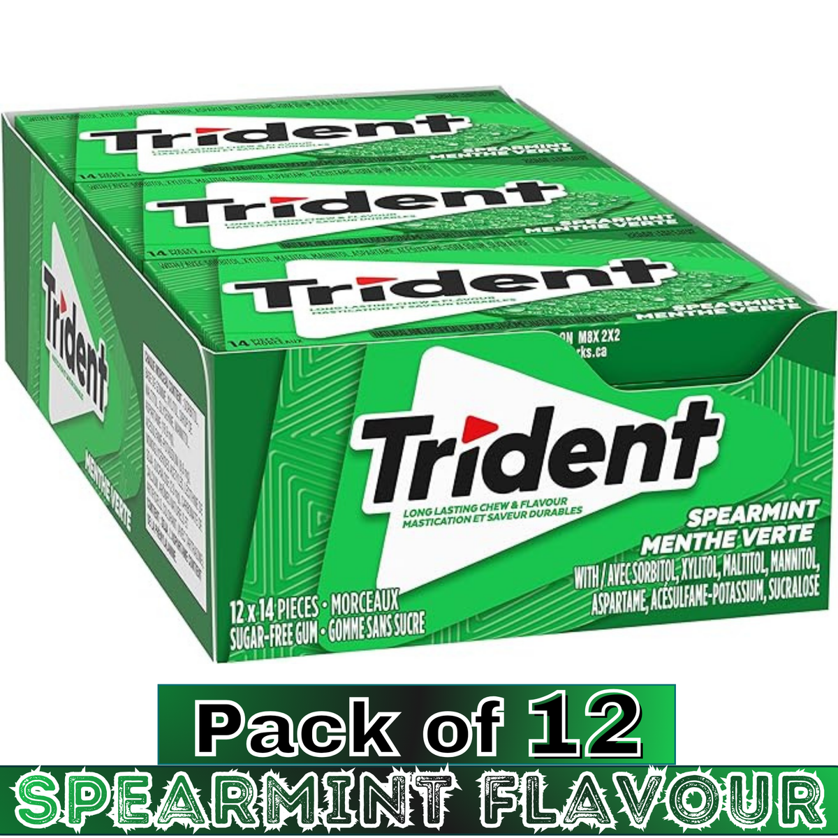 Trident Spearmint Flavour Sugar-Free Chewing Gum – 14 Pieces – Pack of 12