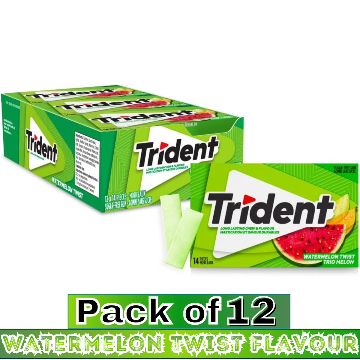 Trident Watermelon Twist Flavour Sugar-Free Chewing Gum – 14 Pieces – Pack of 12