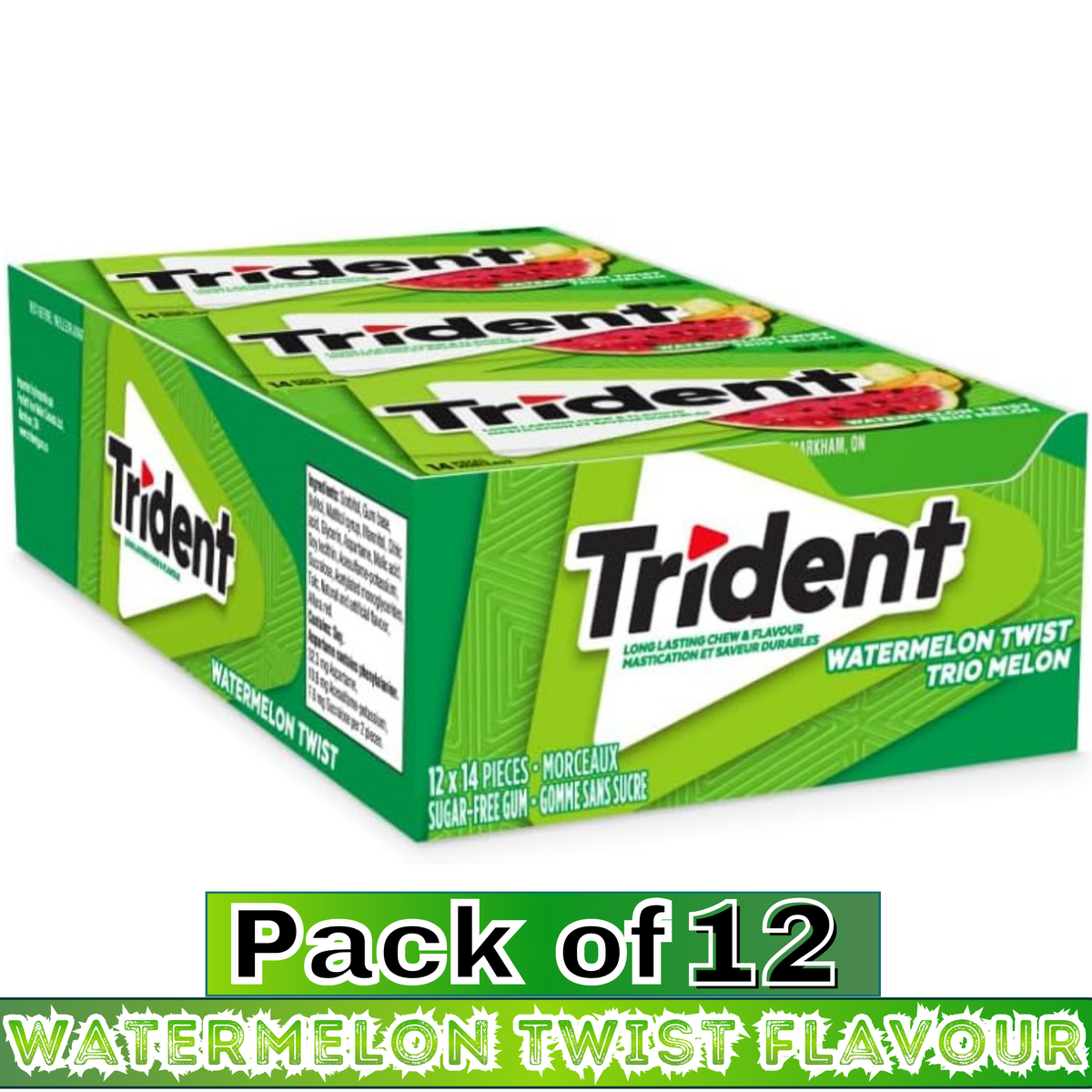 Trident Sugar-Free Chewing Gum – Assorted Flavours – 14 Pieces – Pack of 12