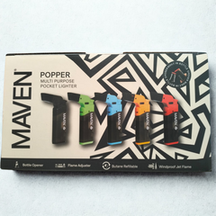 Front View of the Maven Popper Torch Lighter packaging showing product specs and branding