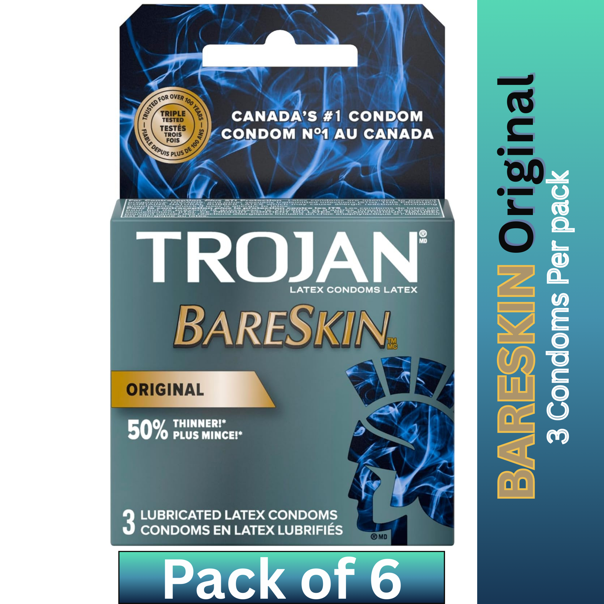 Trojan BareSkin Original Latex Condoms – 50% Thinner – Ultra-Thin Lubricated Protection – 3 Pack (Pack of 6)