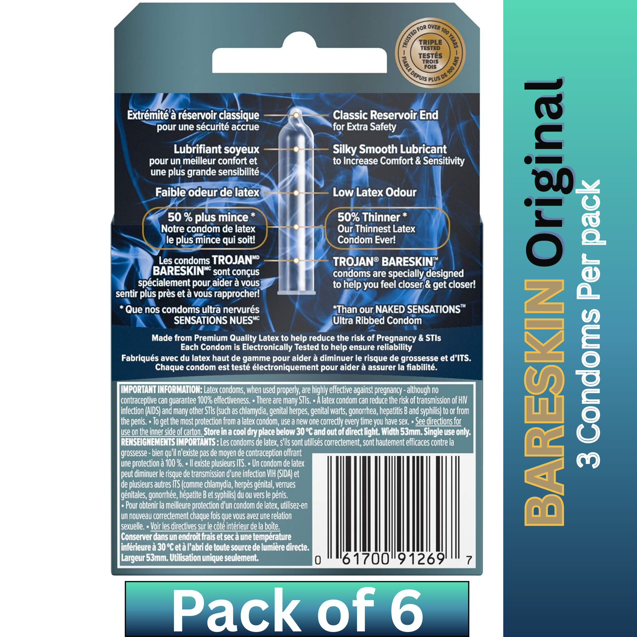 Trojan BareSkin Original Latex Condoms – 50% Thinner – Ultra-Thin Lubricated Protection – 3 Pack (Pack of 6)