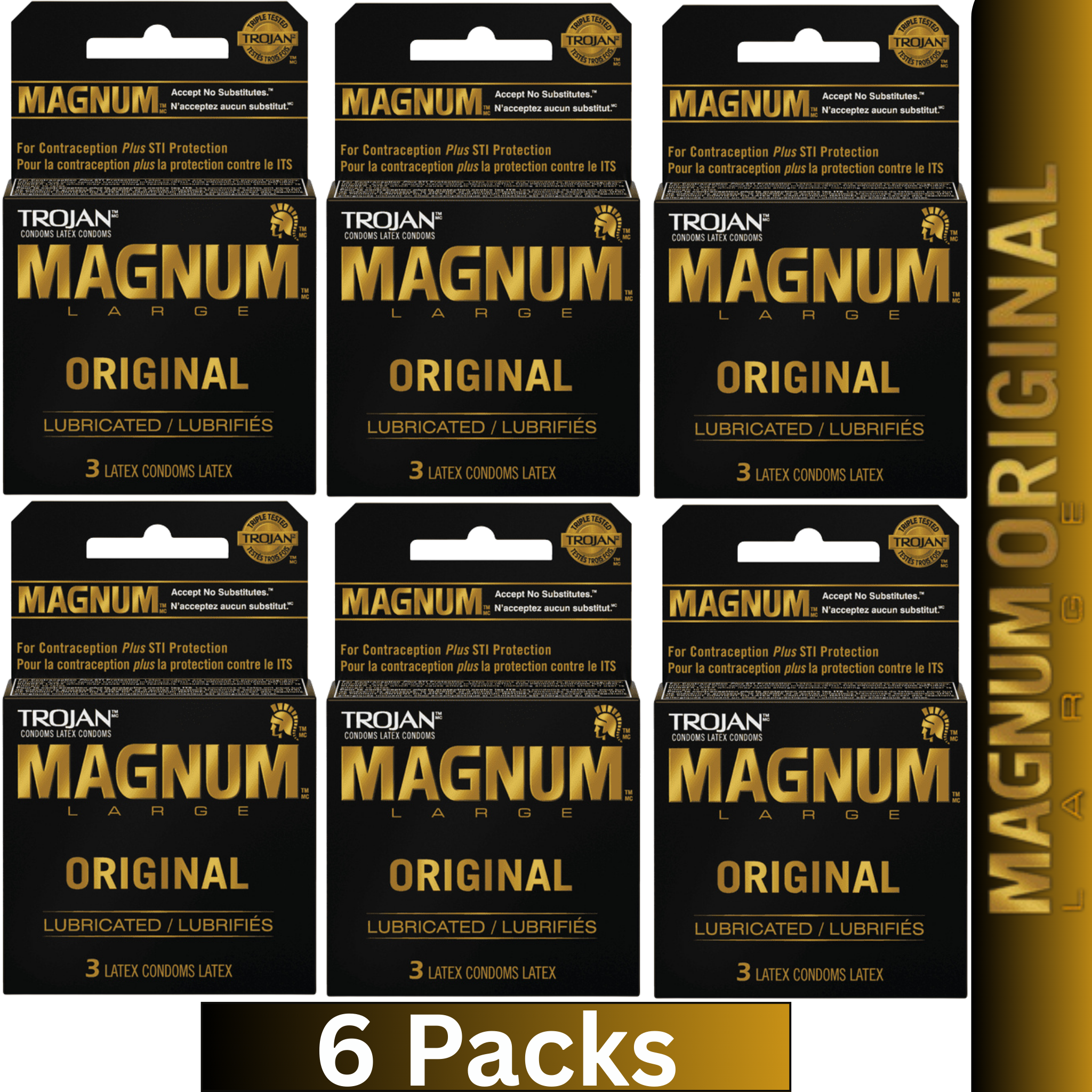 Trojan Magnum Large Original Lubricated Latex Condoms 3 Count per pack – Pack of 6