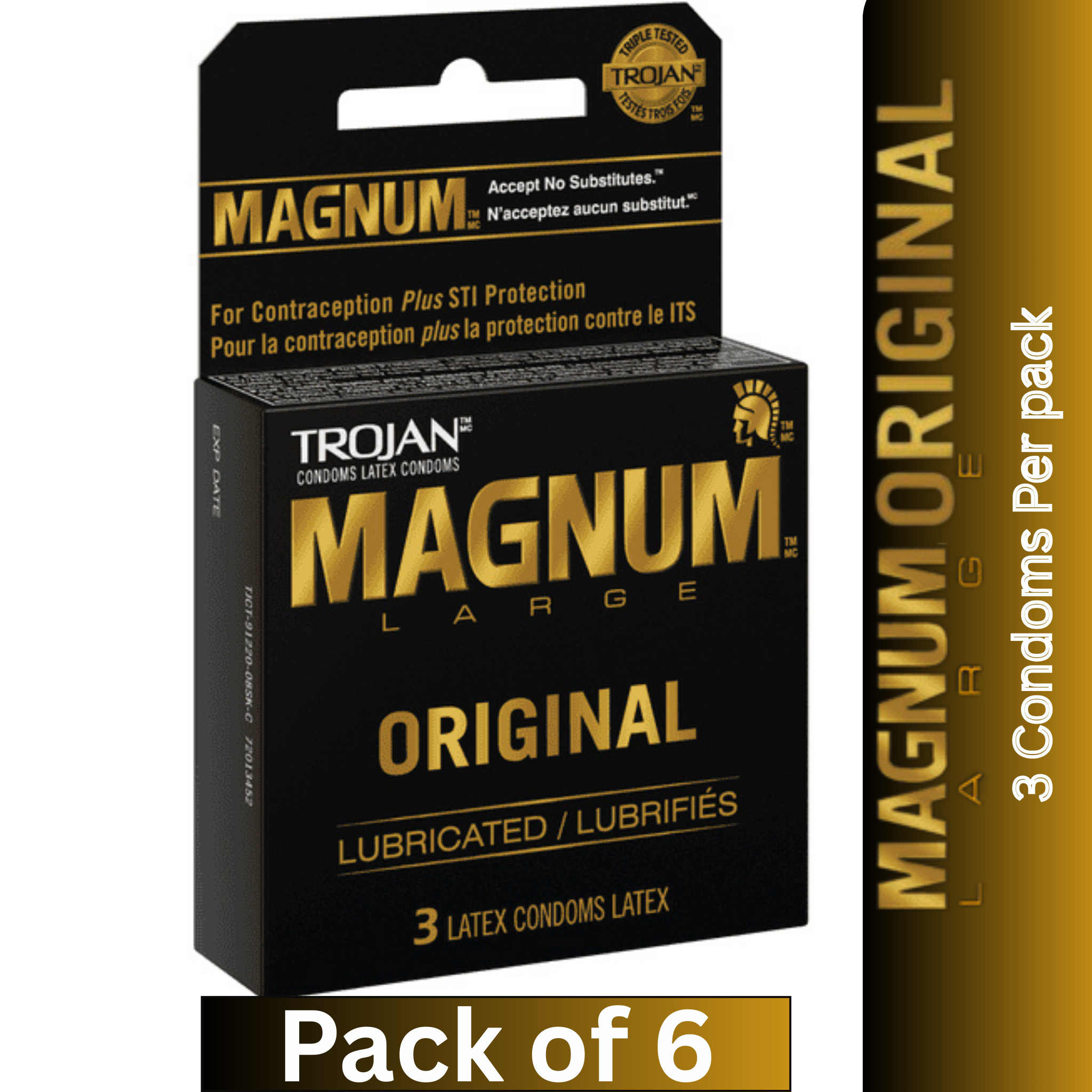 Trojan Magnum Large Original Lubricated Latex Condoms 3 Count per pack – Pack of 6