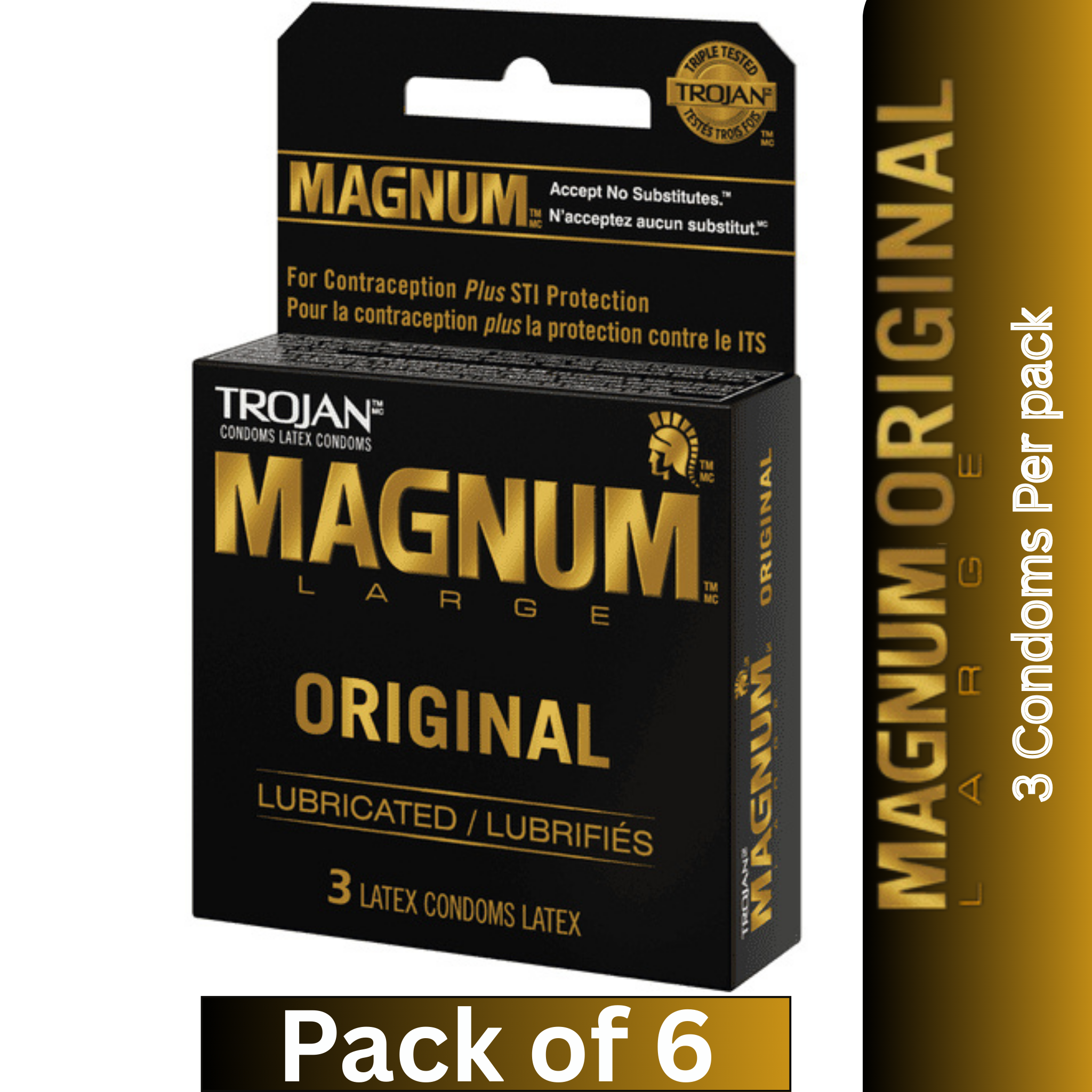 Trojan Magnum Large Original Lubricated Latex Condoms 3 Count per pack – Pack of 6