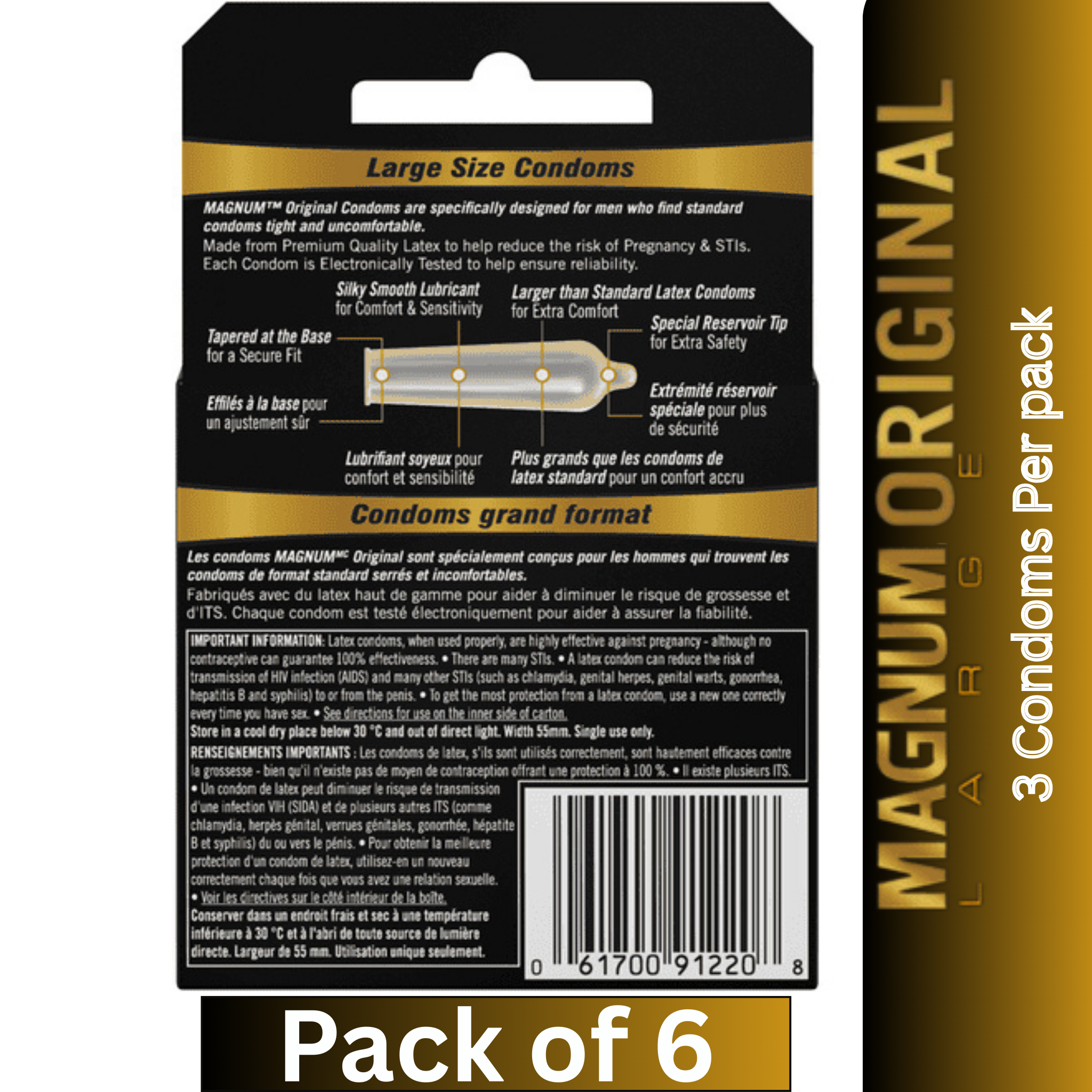 Trojan Magnum Large Original Lubricated Latex Condoms 3 Count per pack – Pack of 6