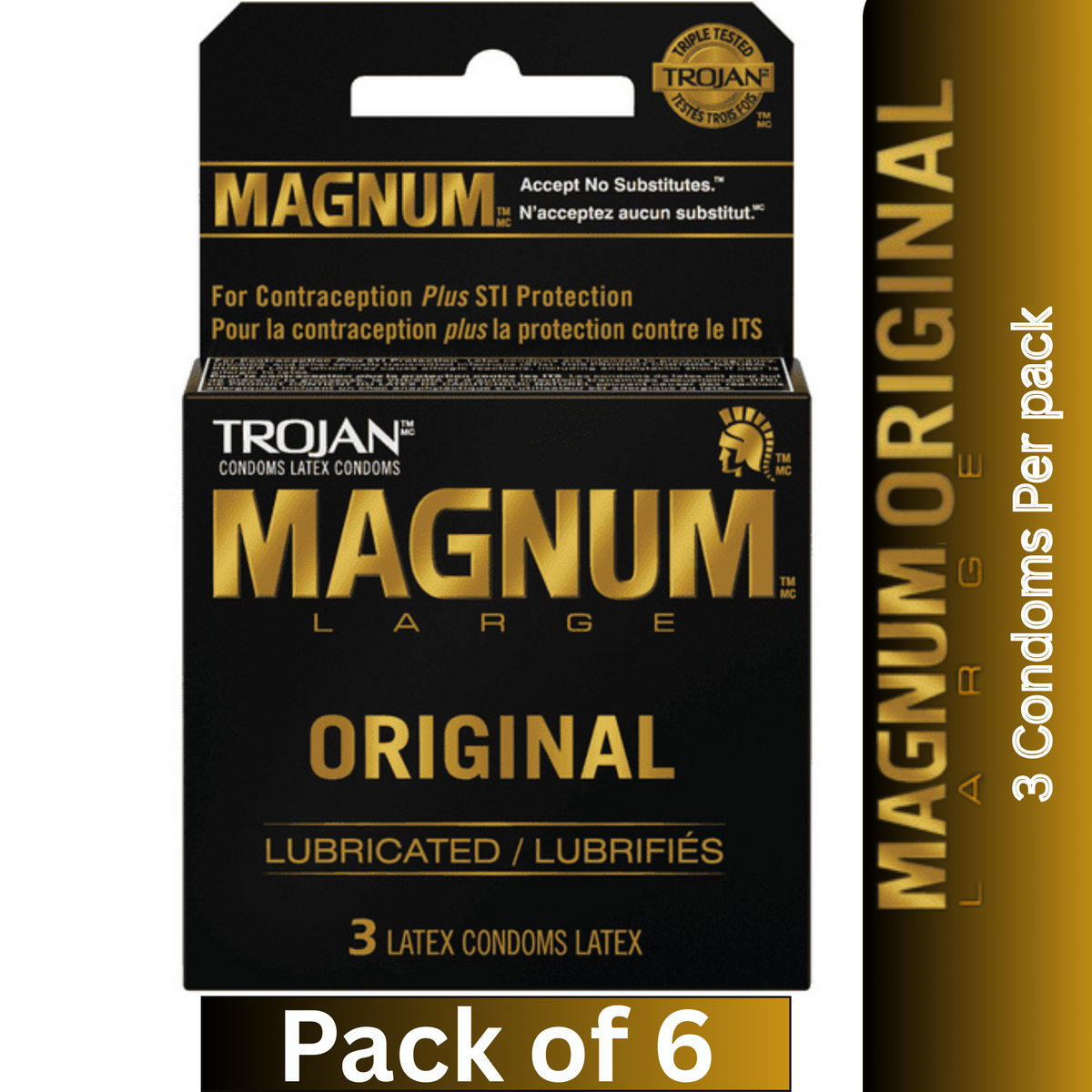Trojan Magnum Large Original Lubricated Latex Condoms 3 Count per pack – Pack of 6