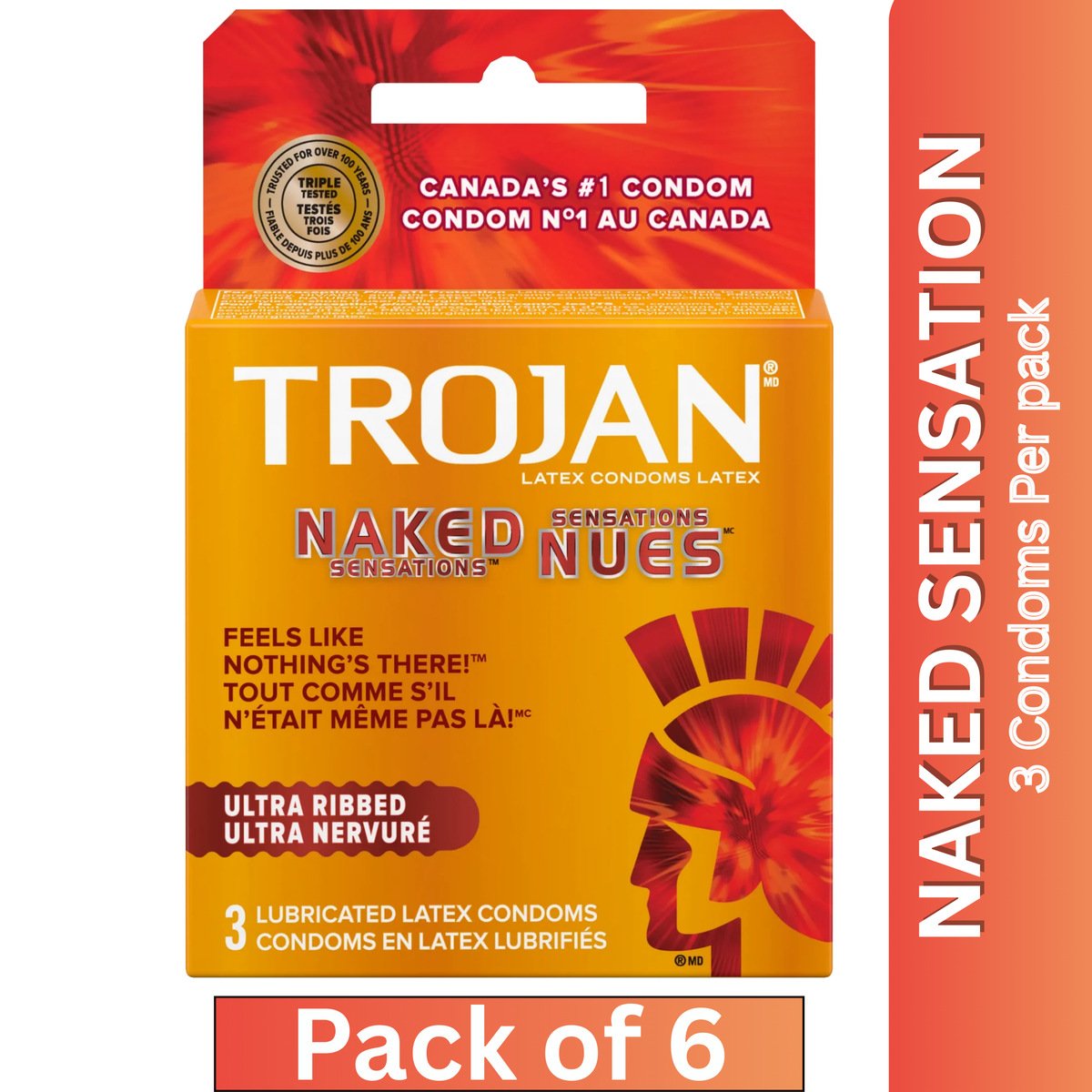 Trojan Naked Sensations Latex Condoms – Ultra-Ribbed for Natural Feel – 3 Condoms per Pack (Pack of 6)