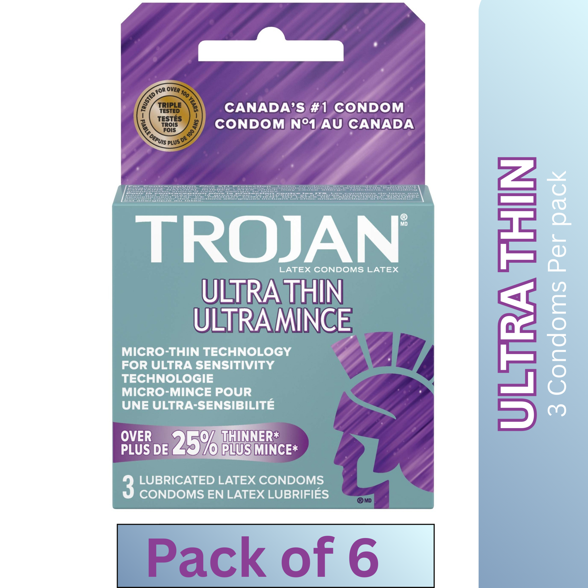 Trojan Ultra Thin Lubricated Latex Condoms 3 per Pack – Pack of 6 – Enhanced Sensitivity & Protection