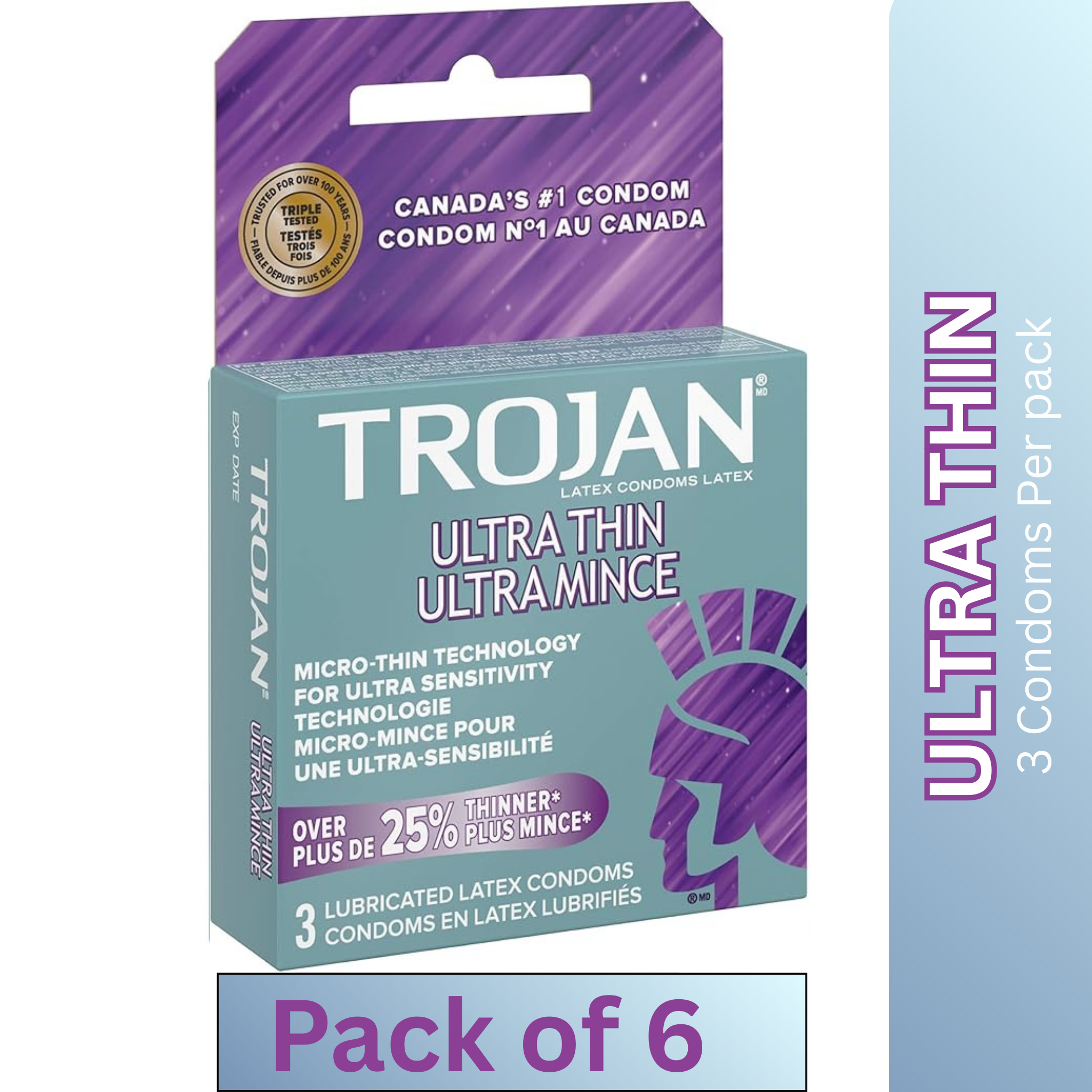 Trojan Ultra Thin Lubricated Latex Condoms 3 per Pack – Pack of 6 – Enhanced Sensitivity & Protection