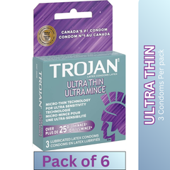 Trojan Ultra Thin Lubricated Latex Condoms 3 per Pack – Pack of 6 – Enhanced Sensitivity & Protection