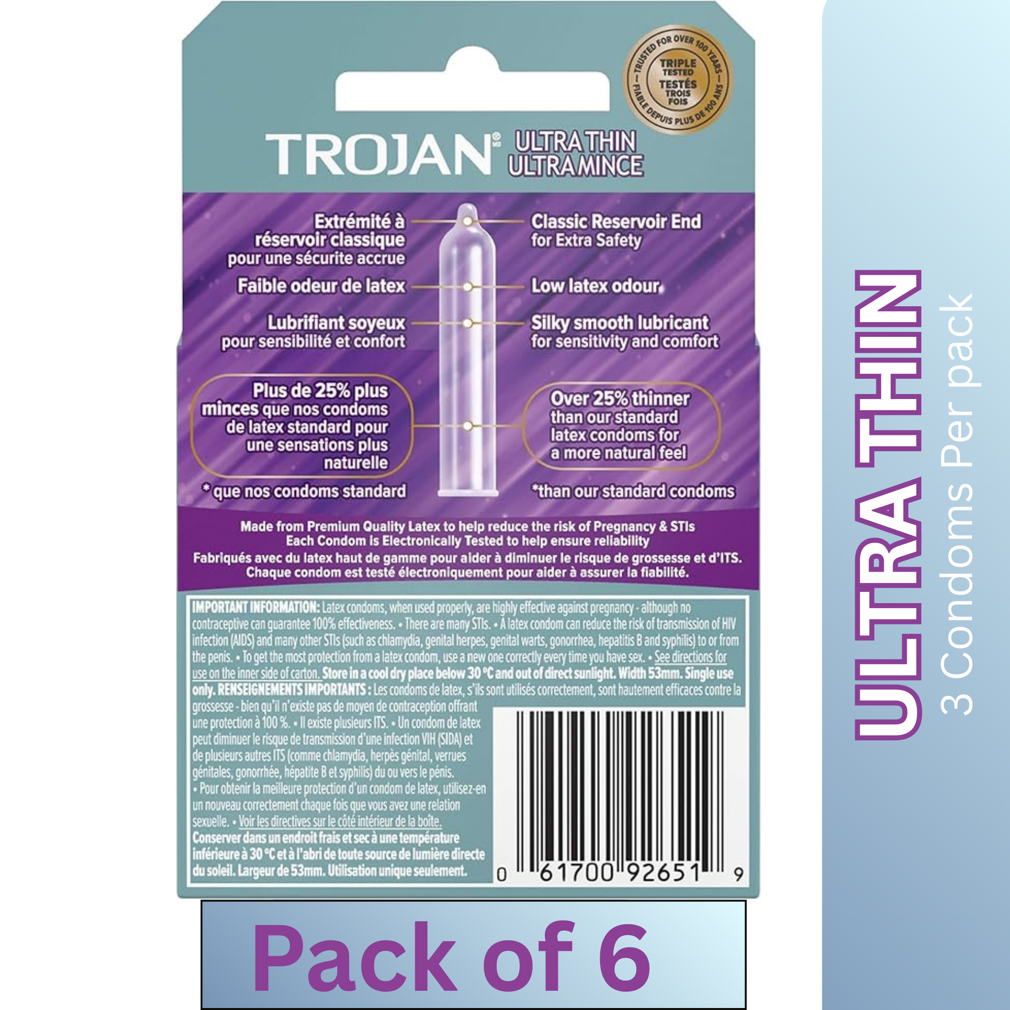 Trojan Ultra Thin Lubricated Latex Condoms 3 per Pack – Pack of 6 – Enhanced Sensitivity & Protection